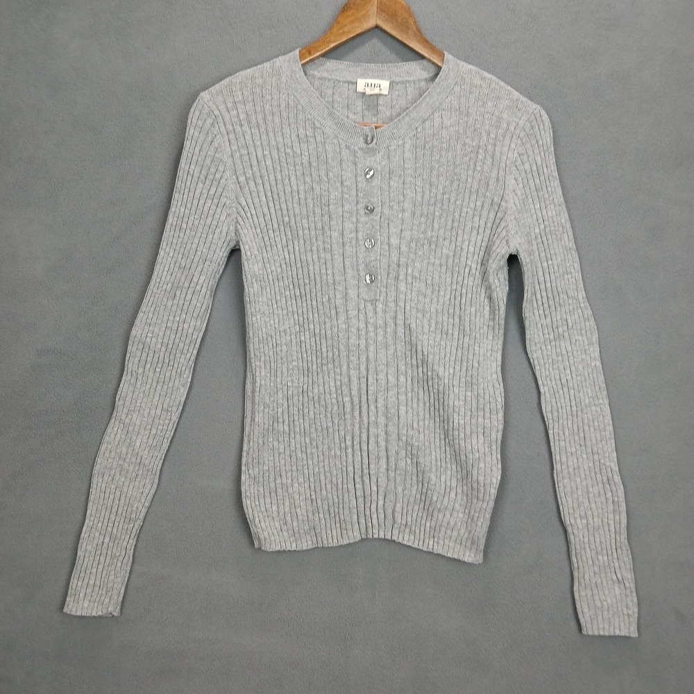 a.n.a. A New Approach Henley Sweater Womens XS Gray Chunky Knit Fitted Sleeve